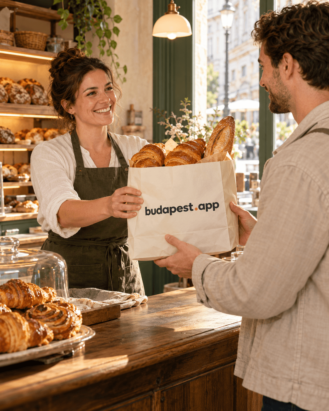Ein Bäcker überreicht einem Kunden frisches Gebäck in einer budapest.app-Papiertüte.