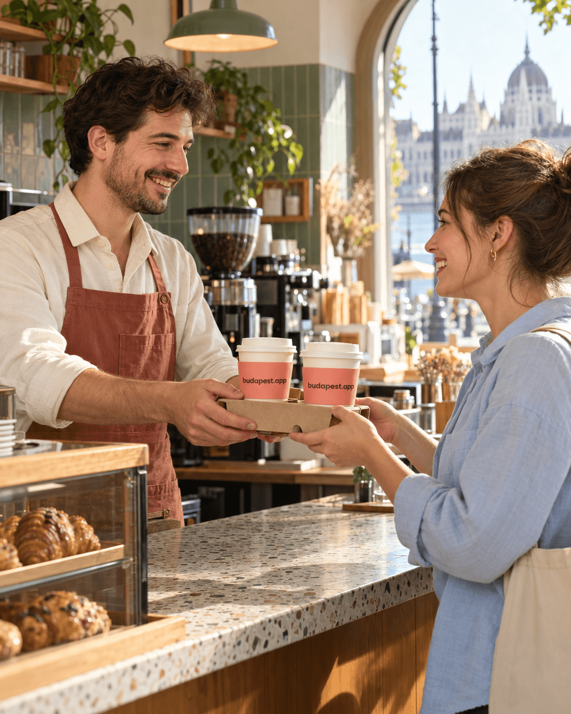 Ein Barista überreicht einem Kunden zwei Kaffees zum Mitnehmen in budapest.app-Bechern.